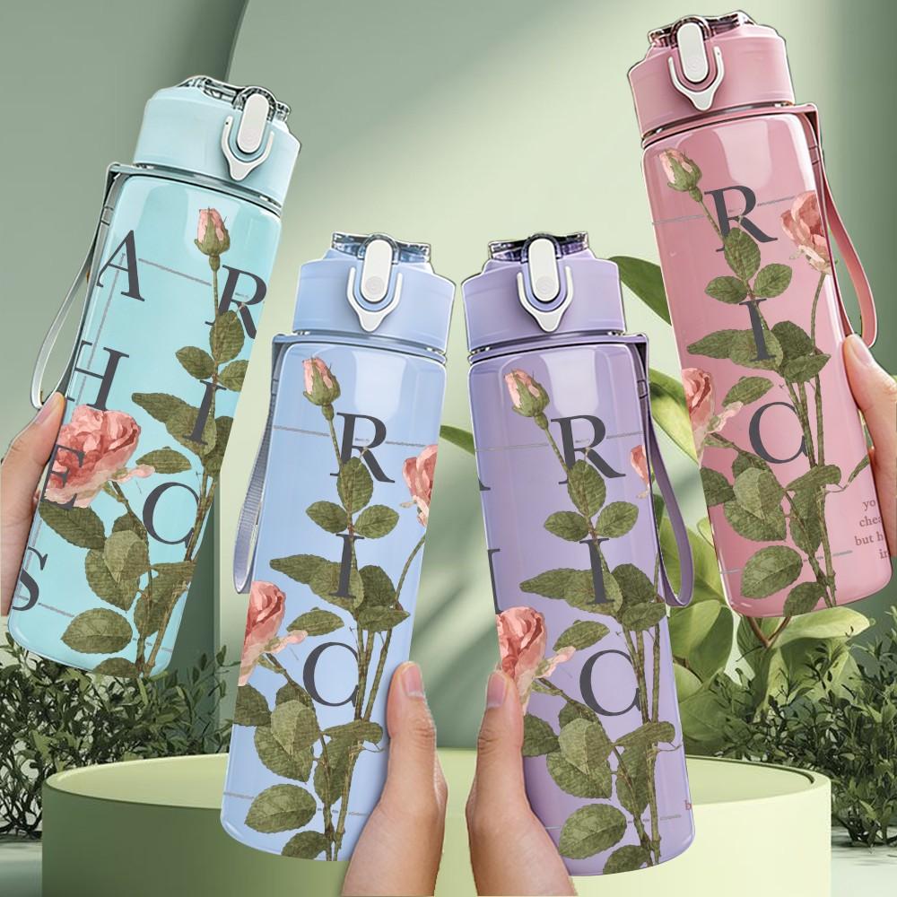 1PC Rose Flower Sketch Art 750ml sports water bottle leakproof straw lid outdoor office home