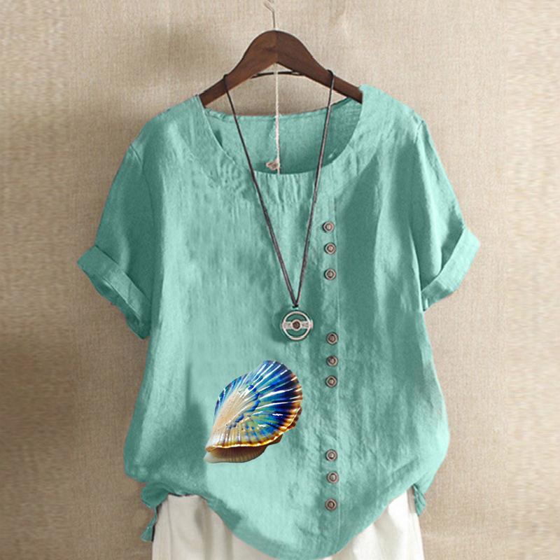 Women's Fashion Round Neck Short Sleeve T-shirt Casual Cotton Linen Graphic Shirt Shell Prined Summer Blouse Tops Plus Size