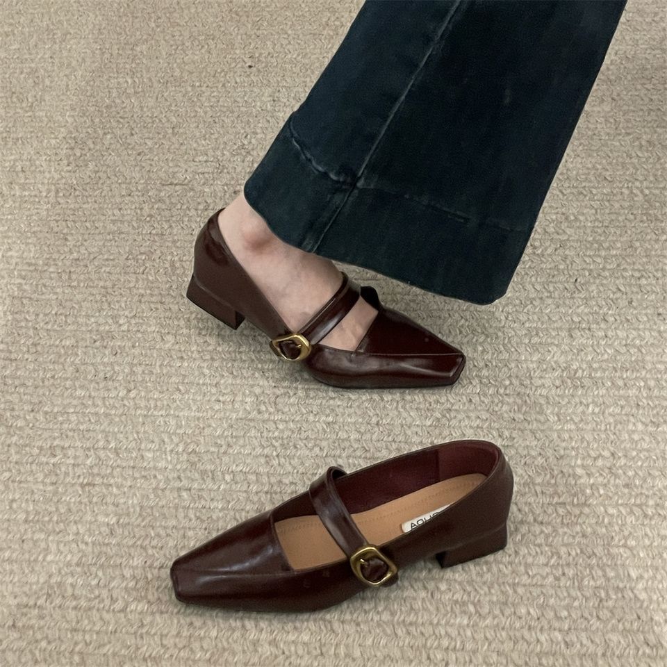 Coarse heel brown Mary Jane shoes women's shoes spring and autumn 2025 new simple and versatile one-word with retro light mouth single shoes
