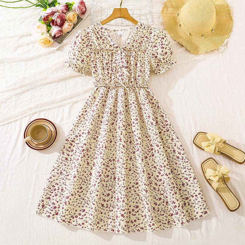 Sweet Girl s Light Beige Dress - Summer Children s Fashionable Floral Princess Dress 130cm=8Y