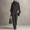 Women's Cozy Cowl Neck Cape Top and Wide Leg Pants Two Piece Set for Casual Daily Wear