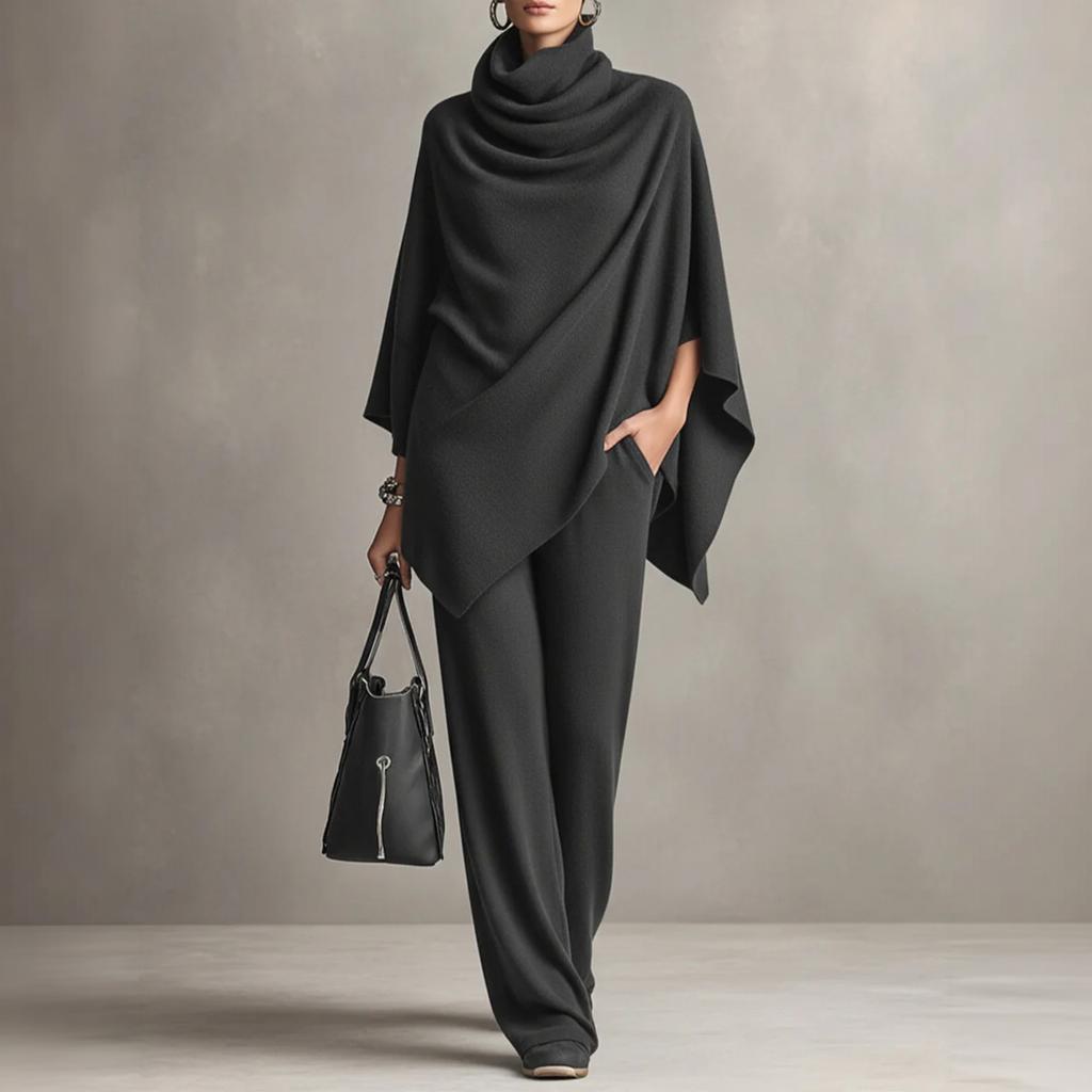 Women's Cozy Cowl Neck Cape Top and Wide Leg Pants Two Piece Set for Casual Daily Wear