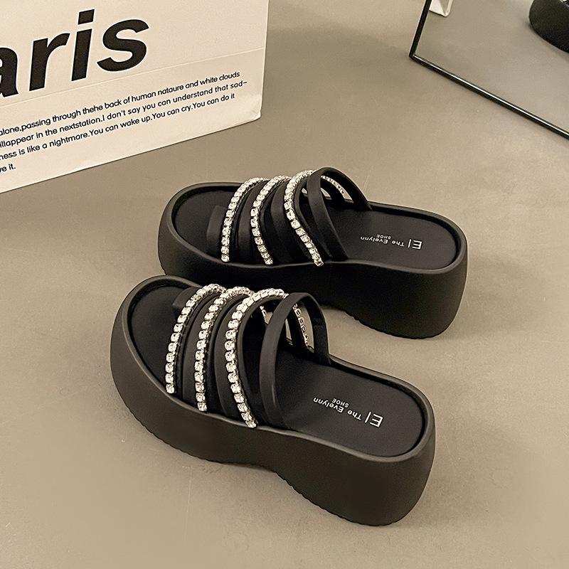 

Rhinestone black fashion sandals women s 2025 spring and summer new thick-soled Roman versatile height-increasing slippers outer wear 40