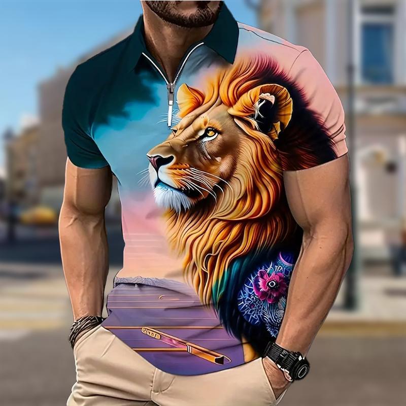 

Мужская рубашка поло повседневная на молнии с коротким рукавом модная повседневная на молнии лето весна стандартный крой анималистичные принты 3D принт рубашка XL зелёный