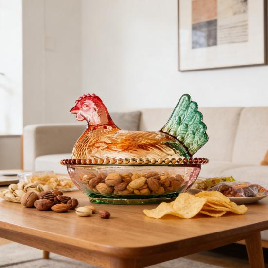 Chicken-Shaped Glass Candy Dish Hen on Nest Dessert Dish with Lid Funny Snack Bowl for Fruits Salads Home Table Decor