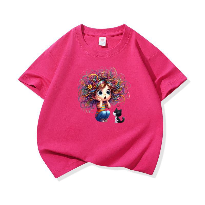 Kids Cotton T Shirt Surprised Colorful Hair Girl And Black Cat Print Crew Neck Short Sleeve Tee Casual Boys Girls Summer Tops