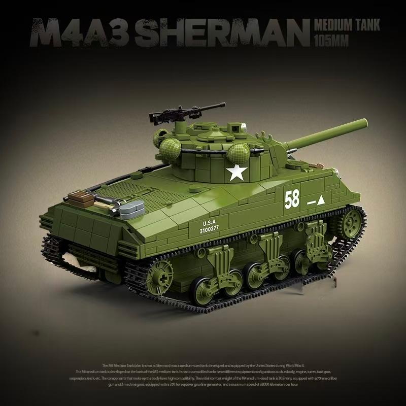 100277 M4A3 Sherman Military Tank Building Blocks 1175PCS Collectible Model Bricks Set Desktop Ornament Gift For Hobbyist Adults