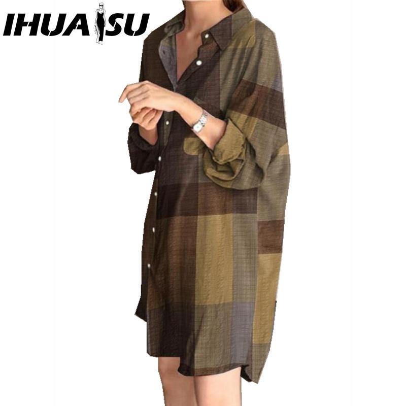 

IHUASU Женское платье-рубашка с отложным воротником и длинными рукавами, летнее модное платье с клетчатым принтом XXXXXL хаки