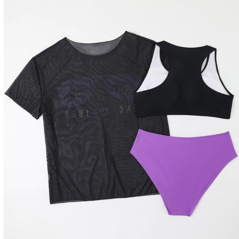 Women's Plus Size Swimsuit Outdoor Beach Bikini Set Printed Mesh Bikini Cover Up Three Piece Set For Women