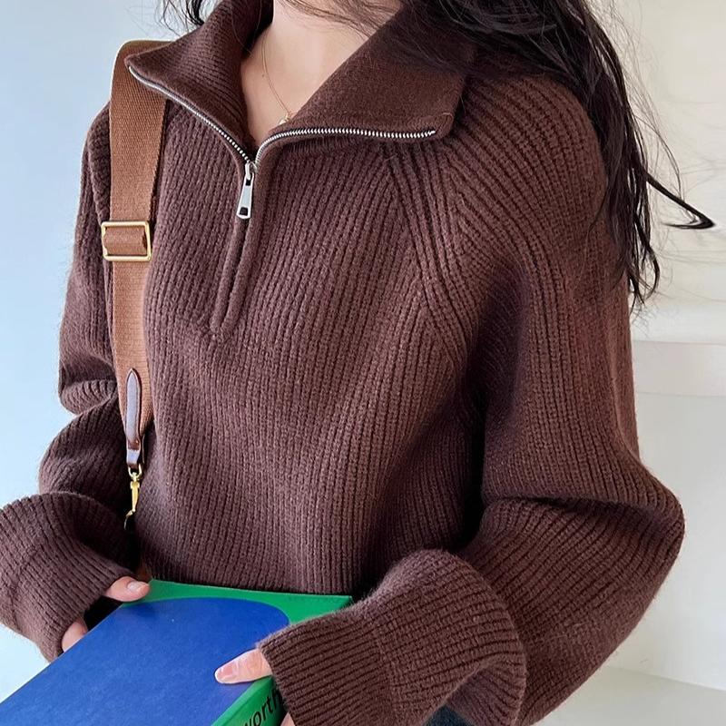 Poloviční vysoký límeček na zip Pletený svetr pro ženy Podzimní Lucerna Rukáv Vintage Volné Pulovry Svetry Zimní Silné Ležérní Jednobarevné Teplé svetry 25404