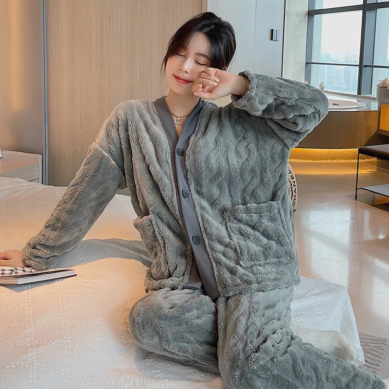Autumn Winter Coral Fleece Pajamas Set Couple Casual Home Wear Women's Warm Flannel Intimate Lingerie Sleepwear Men Loungewear