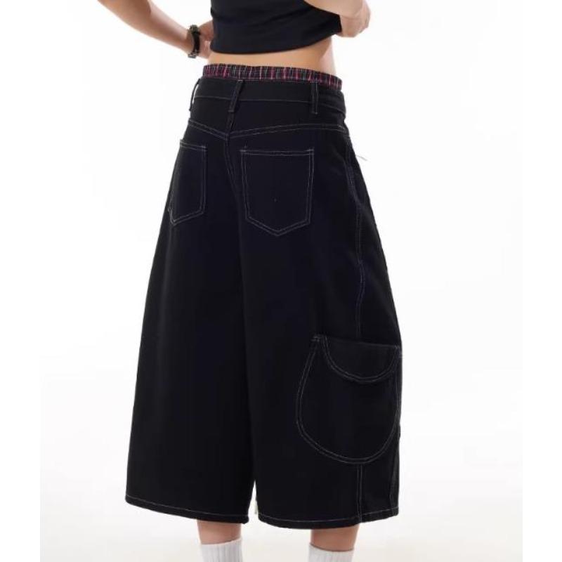 Sommer Rote Gewaschene Lockere Taschen Jeans Cropped Hosen Damen High Street Y2K Vintage Baggy Jeans Übergröße Jorts Shorts