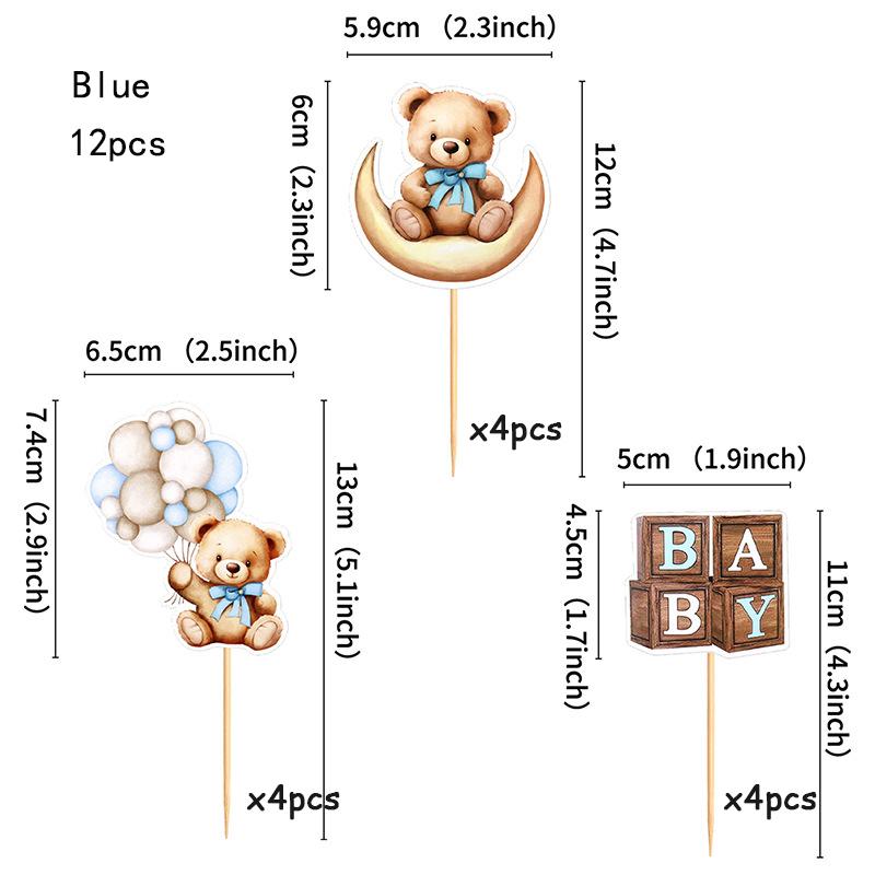 12pcs Cute Blue Pink Bear Cake Toppers Happy Birthday Cupcake Toppers Kids 1st Birthday Cake Decor Fruit Toothpick Baby Shower