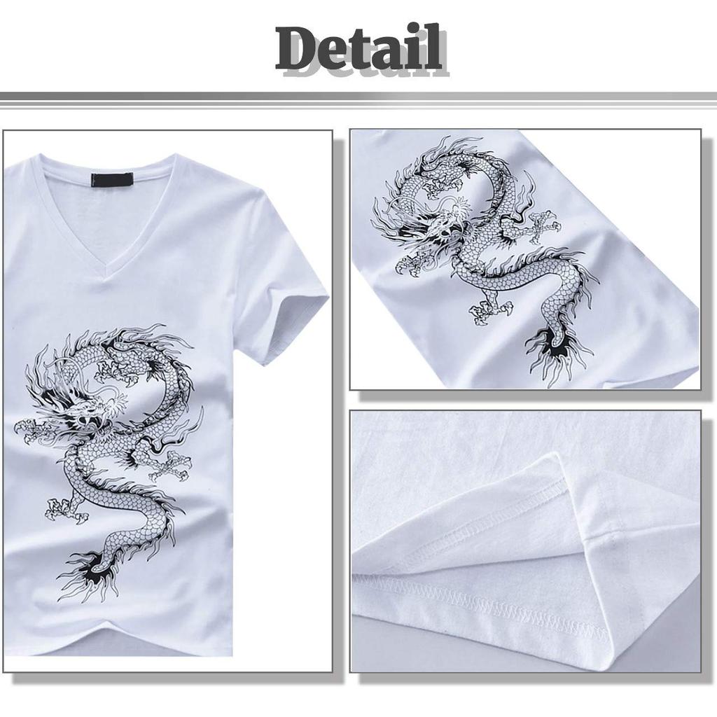 BUZZxSELECTION Short Sleeve Dragon with Japanese Tattoo BSTS031 Men's V-Neck T-Shirt Design, (02 Black, 5XL)