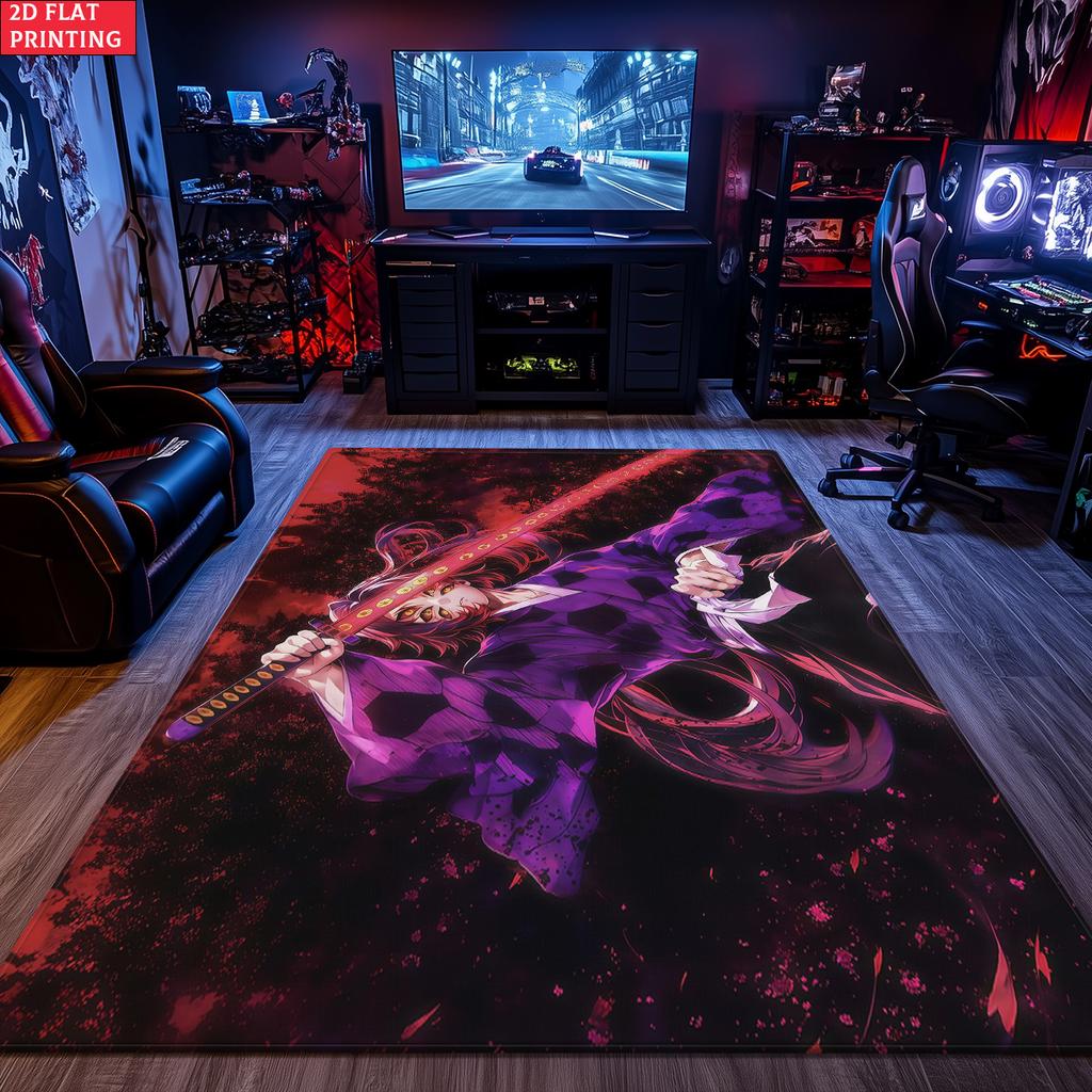Anime Swordsman Area Rug, Purple Red Flame Theme  Floor Mat, Decorative Carpet for Gaming Room Bedroom, Washable Home Decor Gift