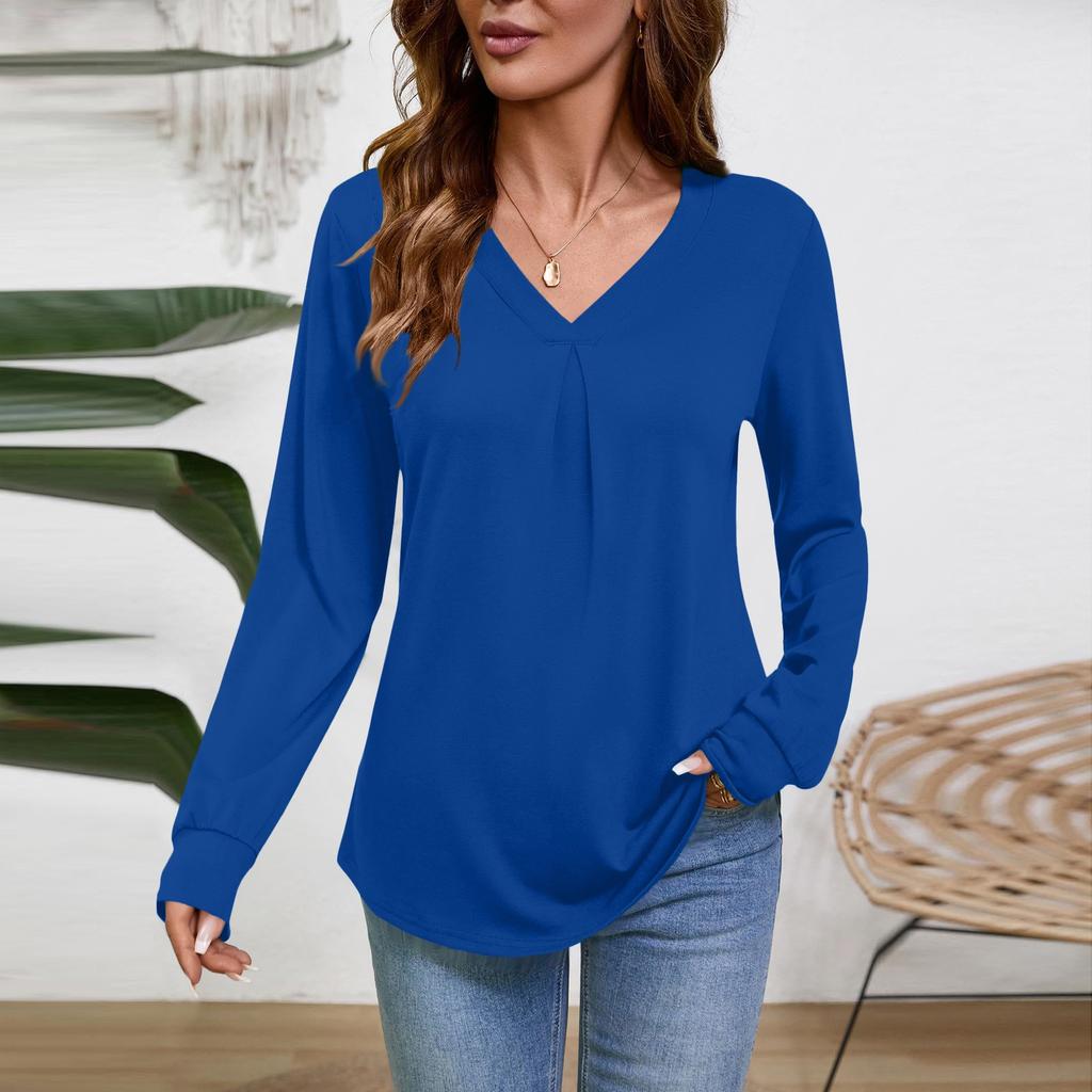 Damen Langarm V-Ausschnitt Bluse Business Casual Tunika Oberteil Locker Geschnitten Arbeitshemd