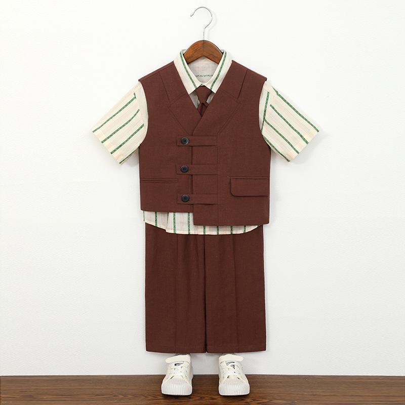 Boys 3Pcs Formal Vest Suit Set, Kids Vintage Plaid Waistcoat Pants Tie Outfit, Children Gentleman Wear for Wedding/Party/Performance 2-12Y