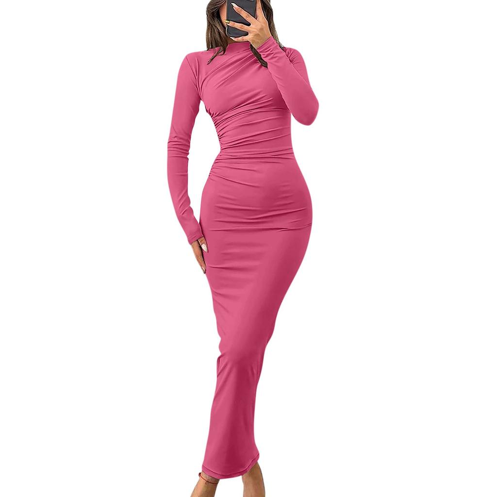 Women's Fall Long Sleeve Bodycon Maxi Dresses Sexy Ruched Neck Slim Fit Cocktail Party Dress