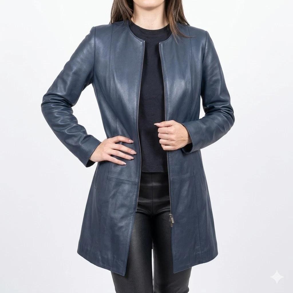 

Genuine Handmade Fit Real Lambskin Leather Trench Coat Stylish Women s Navy Blue 3XL темно-синього кольору