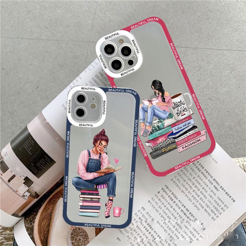 Read Book And Coffee Girl Clear Phone Case Cute Cover for iphone 13 14 12 11 Pro Max 7 8 Plus SE2 X XS XR Transparent Back Cover