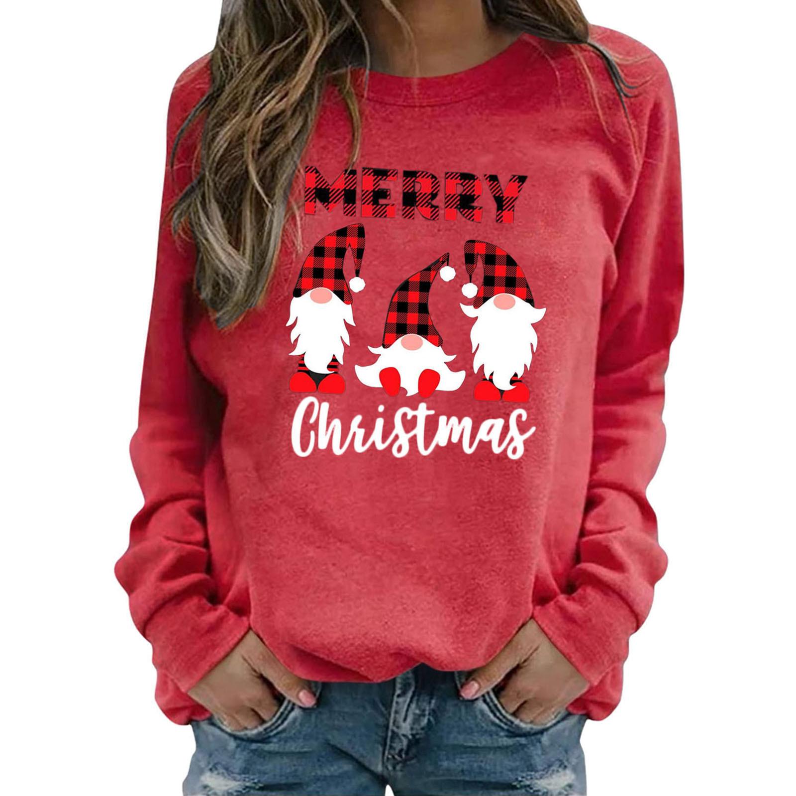 

Толстовка с круглым вырезом и рождественским принтом, женская осенне-зимняя свободная повседневная футболка с длинными рукавами, женский пуловер большого размера XXL красный