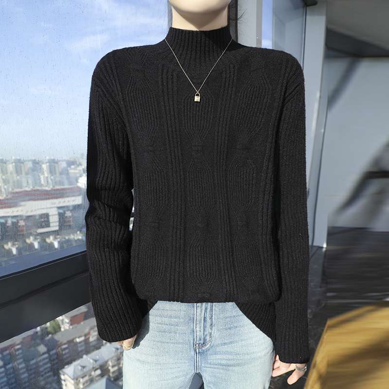 

Элегантный шерстяной свитер с высоким воротом для женщин - уютный, плотный, двухниточный трикотаж, длинный рукав, однотонный XXL
