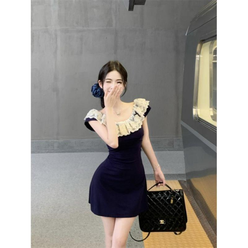 Lace splicing Spice Girl Xiaofei Sleeve Dress Women s Summer Slim V-Neck Short Skirt Sweet and Spicy Waist Skinny A-Word Skirt S