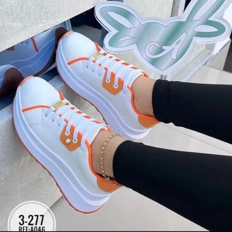 Sneakers da Donna con Plateau a Larghezza Larga, Scarpe Basse Monocolore a Punta Tonda a Taglio Basso, Scarpe Casual da Skateboard con Lacci per Donna