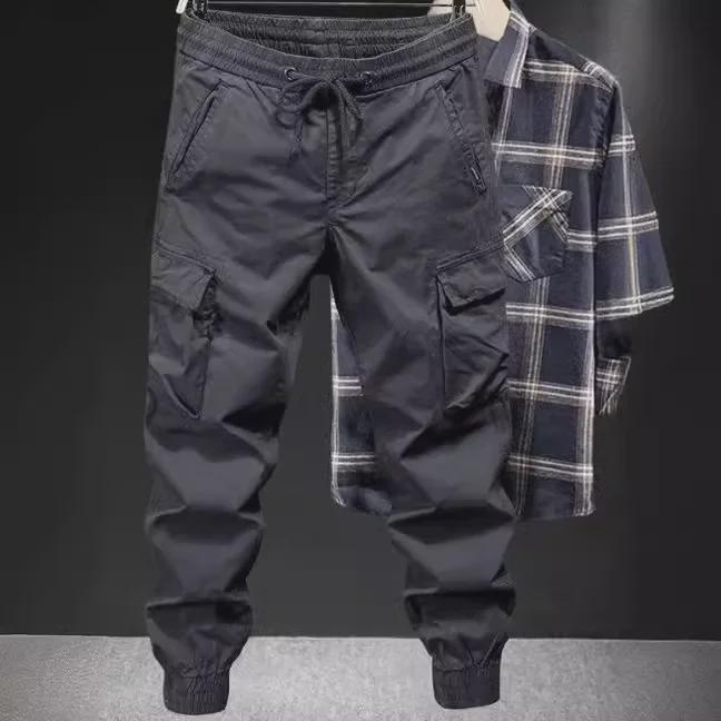 Men's Ice Silk Loose-Fit Multi-Pocket Drawstring Trousers