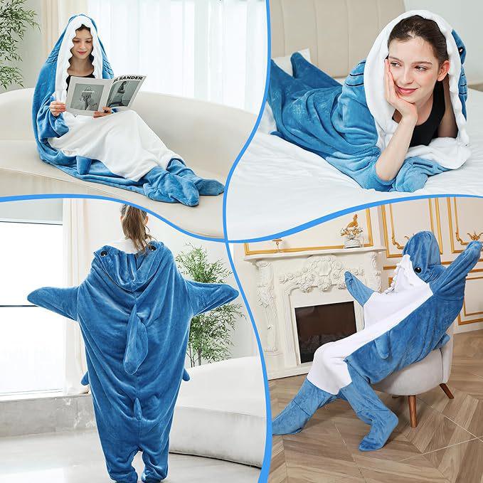 Adult Shark Pajamas Blanket Onesie: Cute, Super Soft Flannel, Wearable & Anti-Kick Sleeping Bag