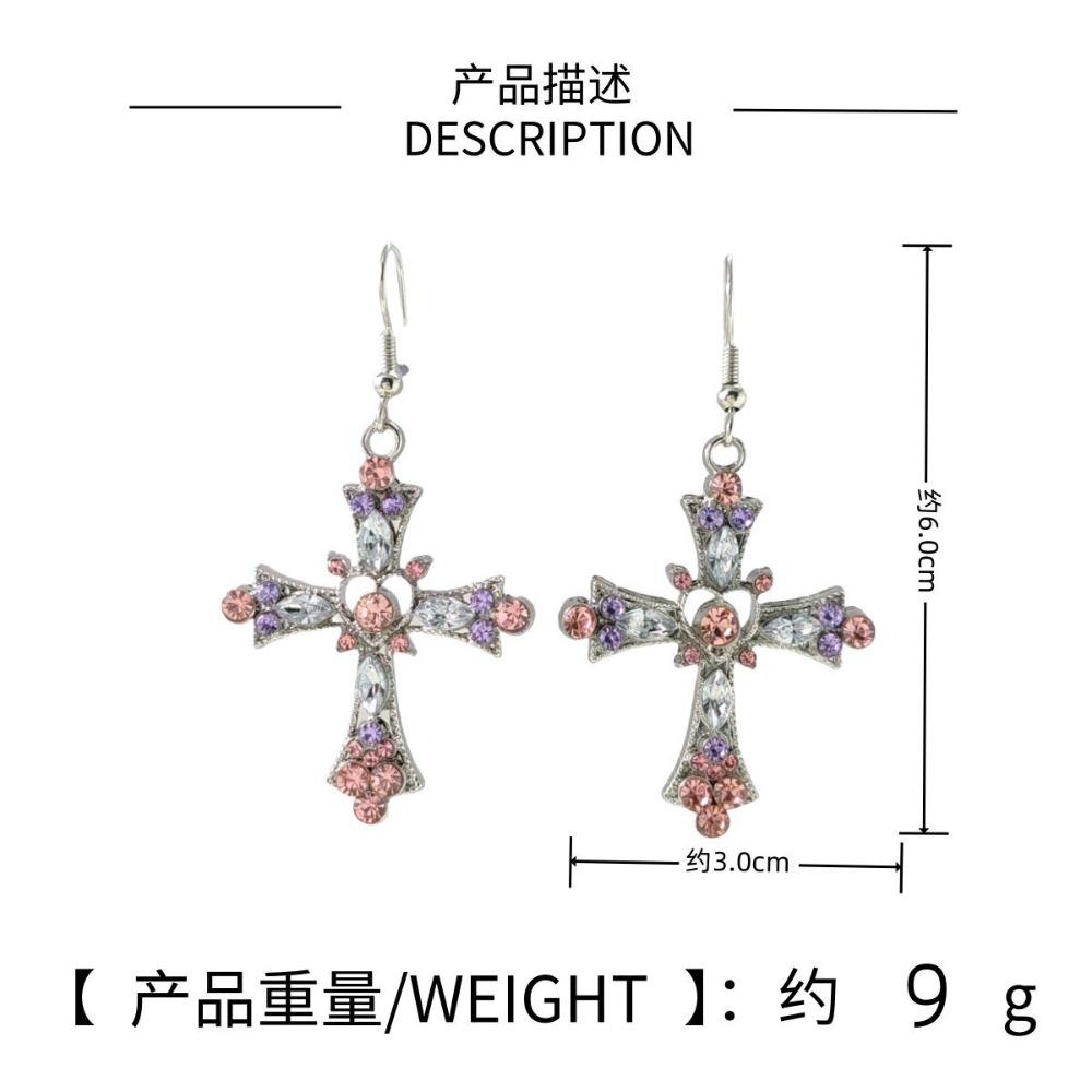 Luxury Exaggerate Cross Hollowed-out Heart Pink Purple Crystal Zircon Dangle Earrings for Women Hip-hop Punk Y2k Jewelry Gifts