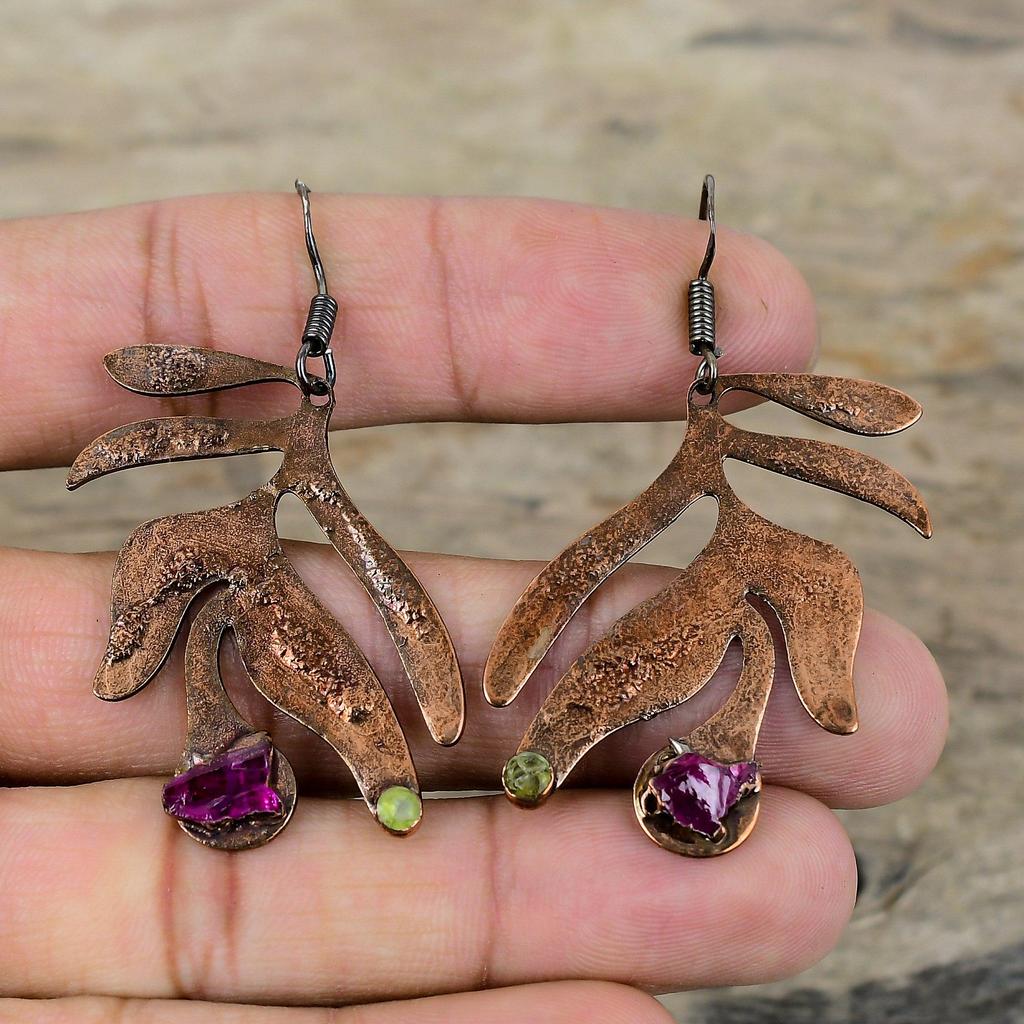Pink Tourmaline Rough Earring Electroformed Copper Earrings Handmade Gemstone Jewelry Peridot Earring Anniversary Gift Electroformed Jewelry