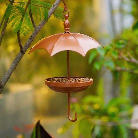 Umbrella-Shaped Bird Feeder Rustic Outdoor Wildbird Feeder with Rain Guard Decorative Hanging Platform Seeds Tray for Courtyard Balcony