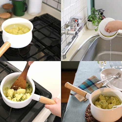 Fuji Enamel Milk Pan with Lid, 15cm, 1.2L, Gas and Induction Compatible, Purple Ash, Long Handle, Enamel Pot