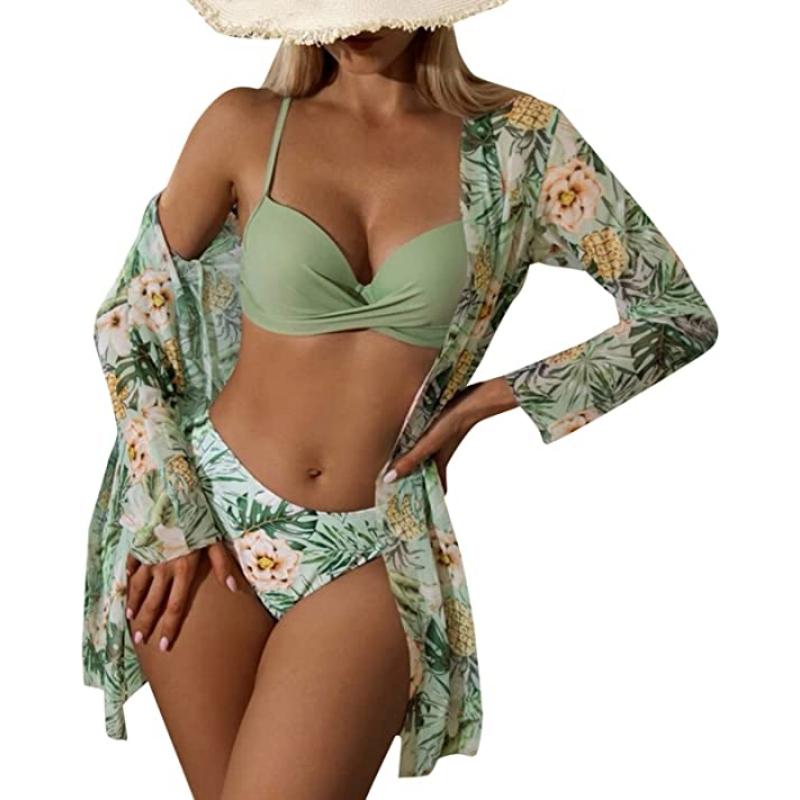 

Женский пляжный купальник из 3 предметов Бикини Женский купальник пуш-ап с бретелькой на шее 2023 Новый размер Купальник Лоскутные купальники Женский цельный купальник