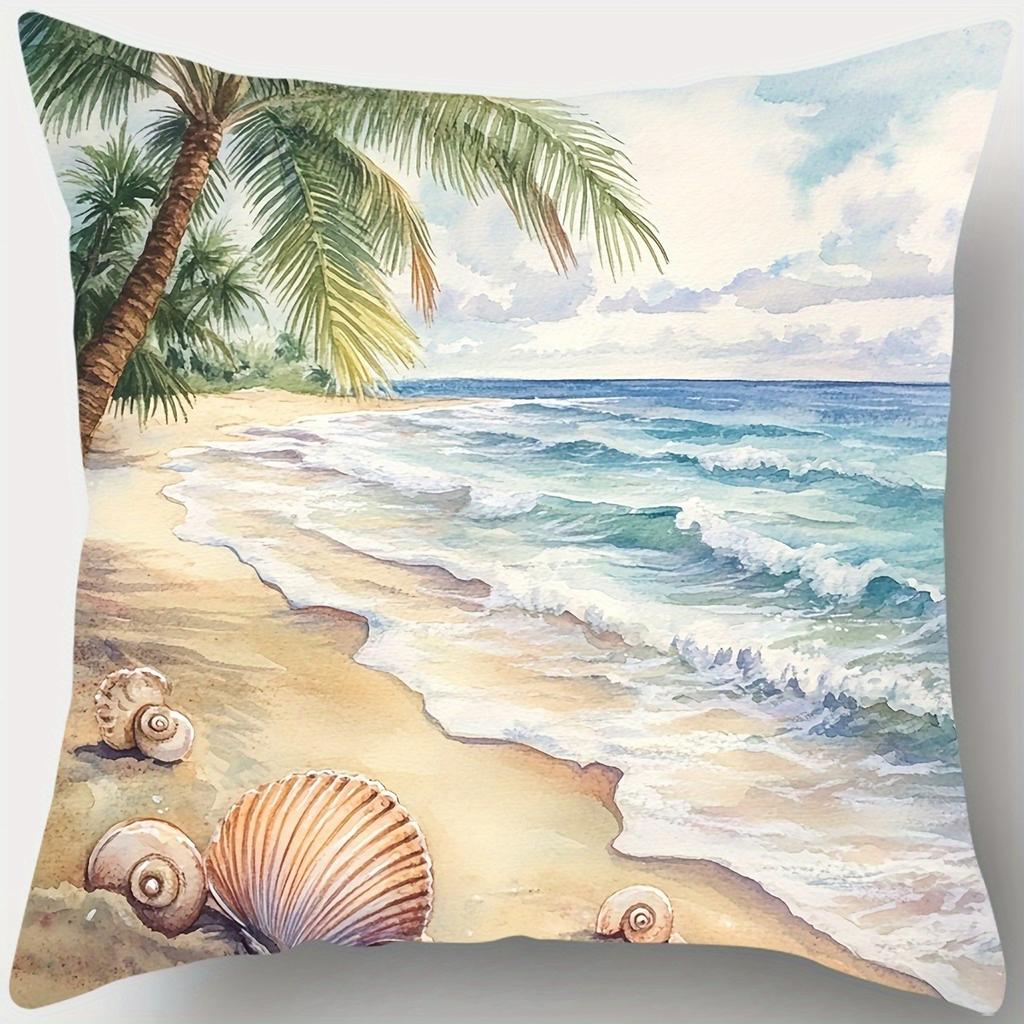 Coastal Beach Watercolor Pillowcase - Seashell & Palm Tree Print Pillow Cover for Sofa Bedroom Living Room