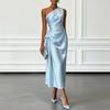 Elegant Women Solid Satin Slanted Neck Midi Dress Summer Sexy One Shoulder Sleeveless Ruched Slim Evening Party Long Dresses