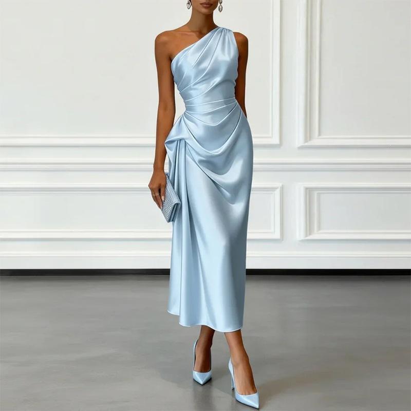 Elegant Women Solid Satin Slanted Neck Midi Dress Summer Sexy One Shoulder Sleeveless Ruched Slim Evening Party Long Dresses