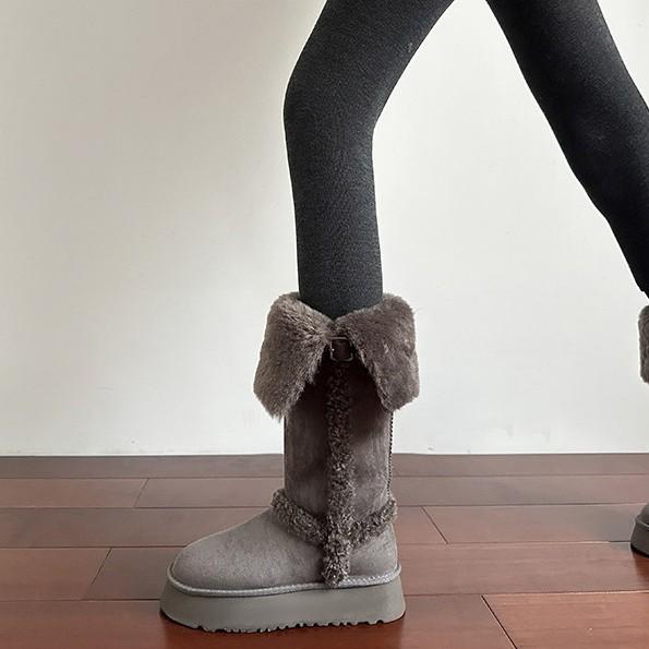 Fold two, wear thick-soled velvet long-tube snow boots, women's new winter non-slip thickened short-tube gray cotton shoes.