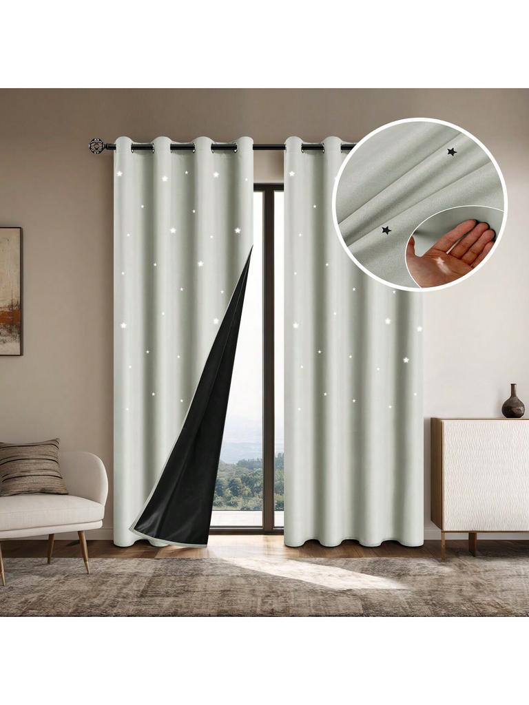 1pc Romantic Hollow Star Blackout Drape Panels, Full Light Blocking Textured Window Curtains for Bedroom, Living Room