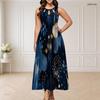 Women Plus Size Round Neck Triple Keyhole Cutout Sleeveless Printed Navy Blue Long Dress