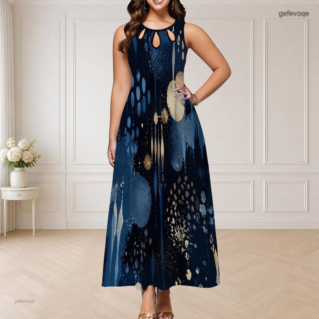 Women Plus Size Round Neck Triple Keyhole Cutout Sleeveless Printed Navy Blue Long Dress