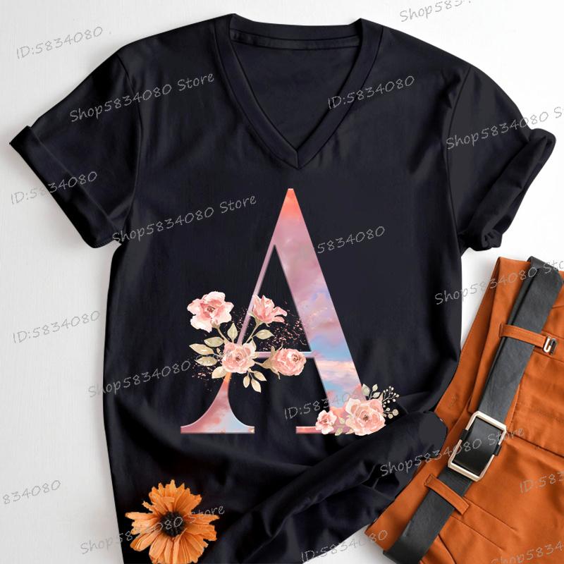 Womens Clothing Pink Flower Alphabet Classic Top Sky Alphabet Cartoon Tshirt FeUnisex Floral Letters A B C D Birthday Gift Shirt