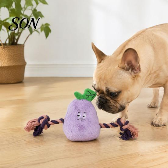 Pet Anxiety Relief Toy Stuffed Vegetable Dog Toy, Interactive Squeaky Chew Plush Carrot Eggplant Green Pepper with Rope Arm for Tug-of-war,