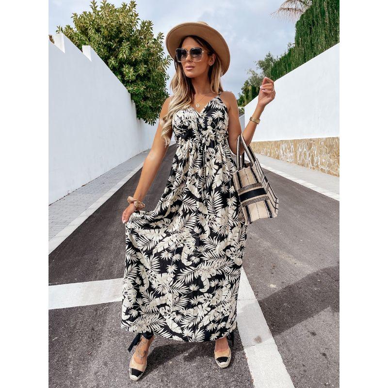 

Вакуумный отпускной стиль средней длины длинное платье на бретелях V-образный вырез маленькая мода силуэт богемная юбка White Flower S