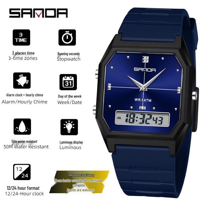 Sanda TEMU Men's Sports Watch: Hot-Selling, Waterproof, Luminous, Thin Square Design, Dual Display, Three Time Zones.