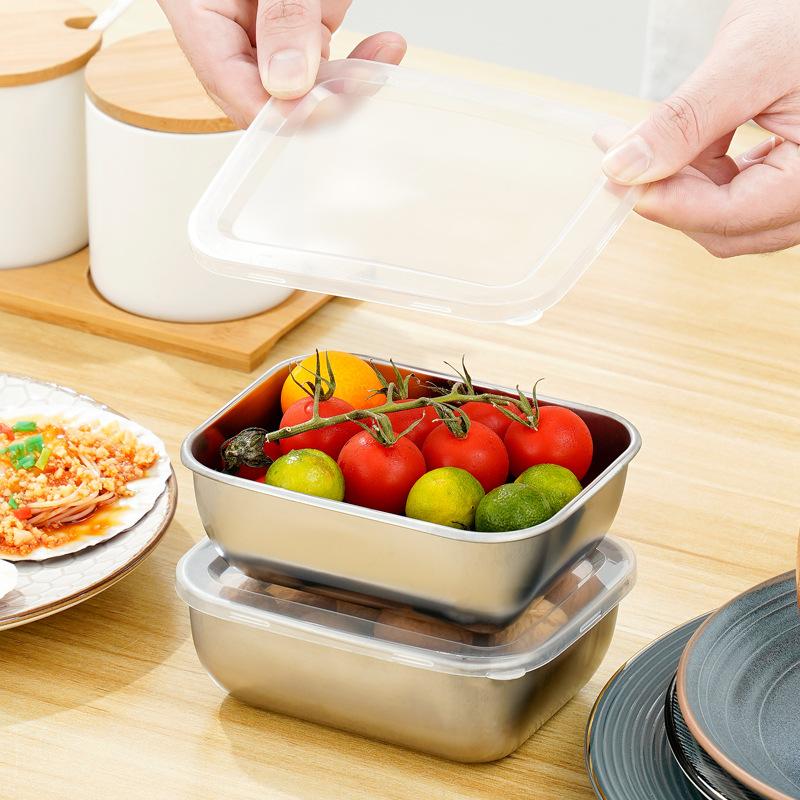 Stainless Steel Refrigerator Food Storage Box With Plastic Lid Prepare Food Freshness Preservation Box Picnic Box