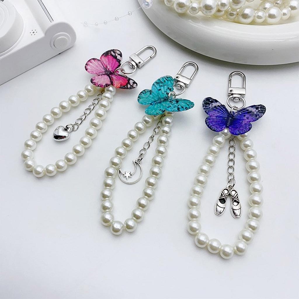 Cute Pendant Keychain with Butterfly Exquisite Pearls Beaded Rings Pendant Keyring Butterfly Keychain Handbag Pendant
