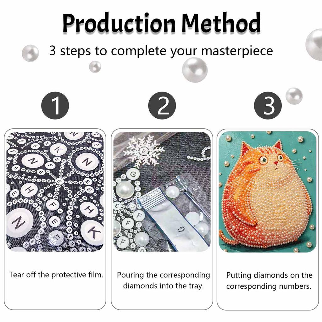 Creative DIY Framed Pearl Art Kit with Cute Fat Orange Cat Pattern Sparkling Bead Canvas Ready to Display Relaxing Gift for Adults