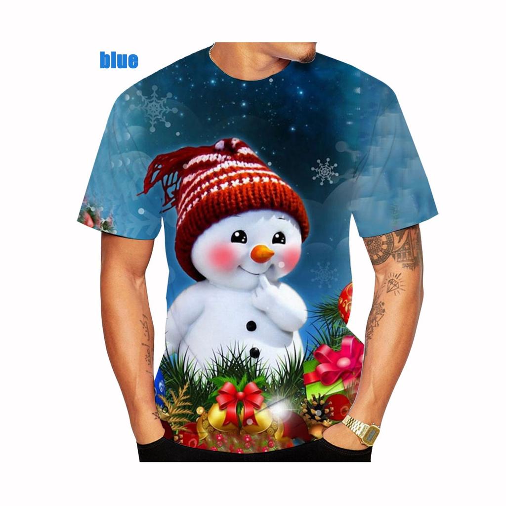 Nueva Moda Camiseta Navideña Estampada en 3D Popular Unisex Camisetas Árbol de Navidad Muñeco de Nieve Gato Estampado Manga Corta